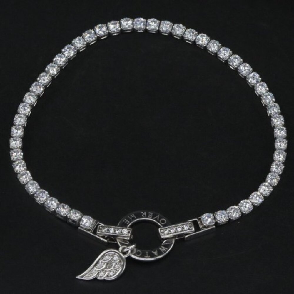 Sterling Silver Round-Cut White CZ WATCH OVER ME Wing 7.5" Tennis Bracelet - 7g